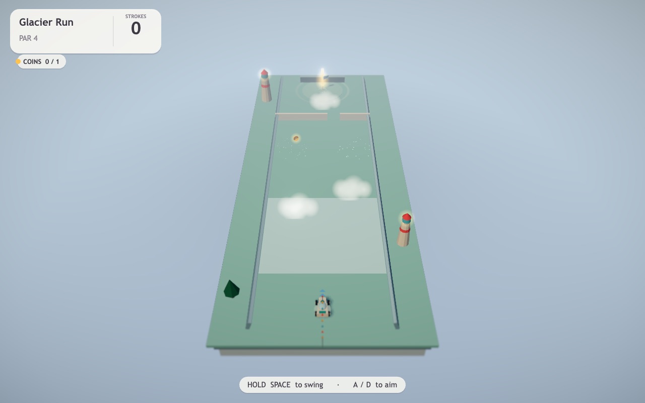 Real gameplay screenshot of the Ice Nine hole Glacier Run: a pale frozen table with gates and an ice sheet. The HUD reads Glacier Run, PAR 4, STROKES 0, with a COINS 0 of 1 pip.