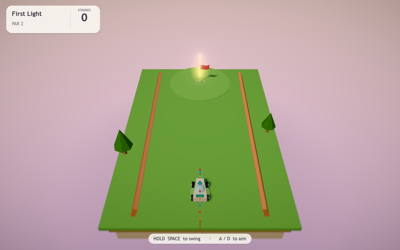 Real gameplay screenshot: the little drift-car at the tee of hole 1. The HUD reads First Light, PAR 2, STROKES 0, with the hint HOLD SPACE to swing, A / D to aim.