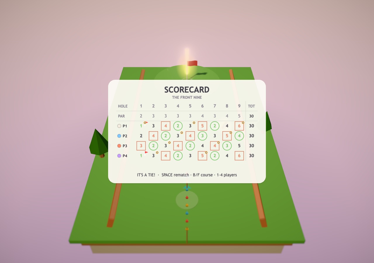 Real gameplay screenshot of a four-player scorecard for The Front Nine. All four players finished at 30 and the card reads IT'S A TIE!, SPACE rematch, B/F course, 1-4 players.